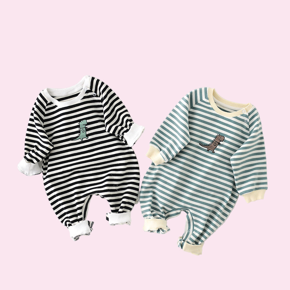 Male And Female Baby Cartoon Striped Dinosaur Embroidery Long-Sleeved Jumpsuit