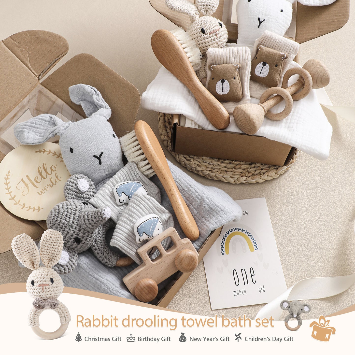 Adorable 3-Piece Infant Comfort Rattle & Rabbit Bath Towel Gift Set – Perfect for Cozy Moments!