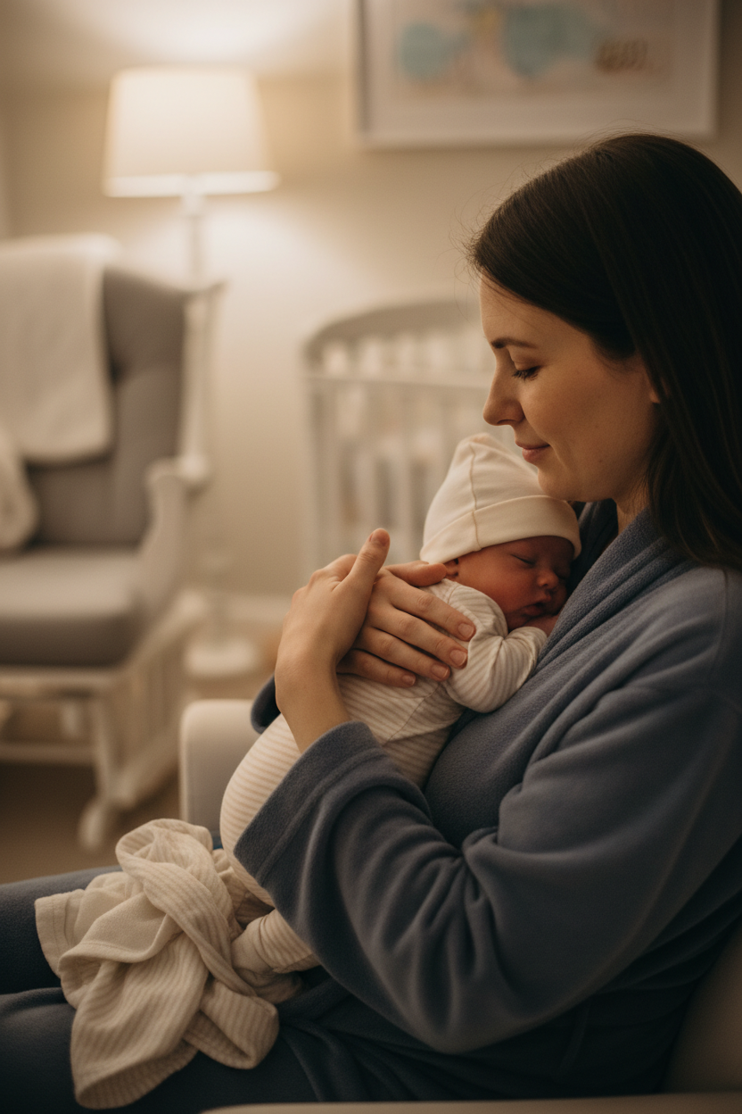 Mother comforting newborn baby with gas pain at night